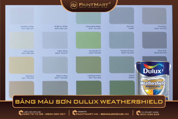 Bảng màu sơn nước Dulux Weathershield: Sơn nước Dulux Weathershield không chỉ có tính năng chống thời tiết, mà còn mang đến những màu sắc tươi sáng, đa dạng cho bề mặt tường. Hãy xem qua bảng màu sơn nước Dulux Weathershield để lựa chọn màu phù hợp nhất với ngôi nhà của bạn.